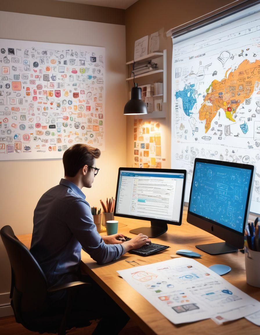 A creative scene depicting a developer at a computer, surrounded by colorful icons representing coding, content creation, and social media. The background should show a blend of binary code transitioning into engaging blog designs and graphs symbolizing online presence growth. Include a coffee cup and sketch notes to reflect a productive workspace. vibrant colors. digital art. clean layout.