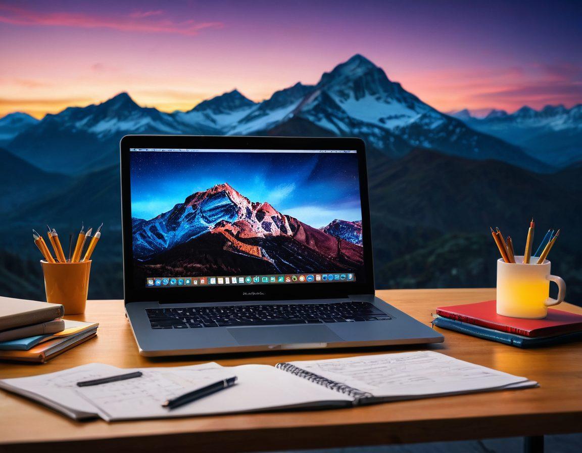 A visually stunning laptop on a desk, surrounded by colorful notebooks and coding scripts, symbolizing creativity and knowledge. In the background, a lightbulb glowing with ideas and a roadmap leading to a mountain peak labeled 'Success'. The scene conveys motivation and the journey of an aspiring web developer. vibrant colors. super-realistic.