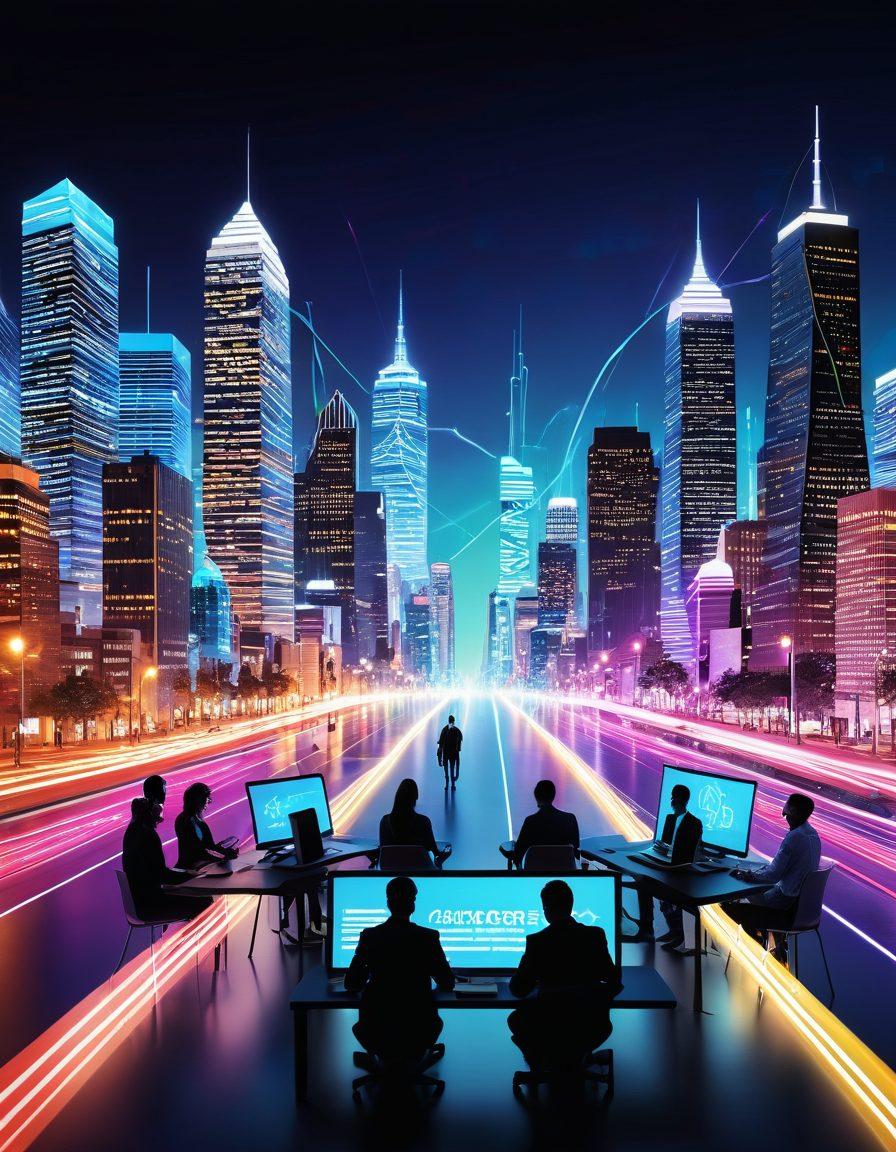 A modern digital landscape with a vibrant city skyline made of computer code and search engine icons, featuring a diverse group of people engaged in discussions with laptops and digital devices, showcasing teamwork and collaboration. Bright paths of light representing SEO strategies and digital marketing trends lead through the city, emphasizing growth and success. super-realistic. vibrant colors. 3D.